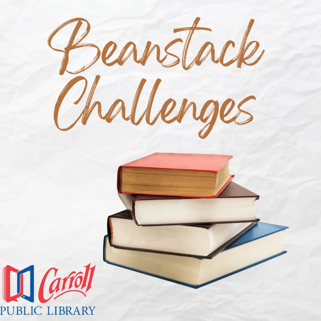 Image of a stack of colorful books with the words "Beanstack Challenges" above them.